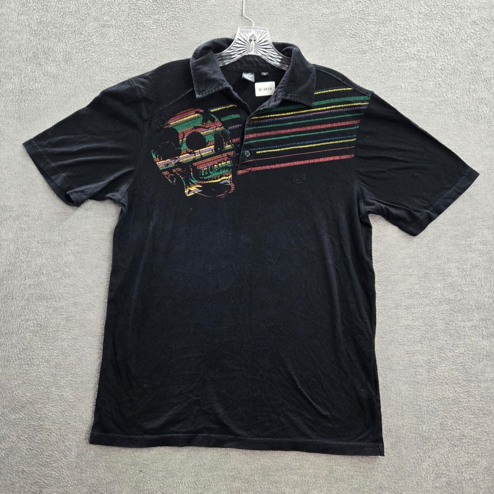 Fox Racing Men Polo‎ Shirt Medium Black Striped Skull Rasta Logo Graphic